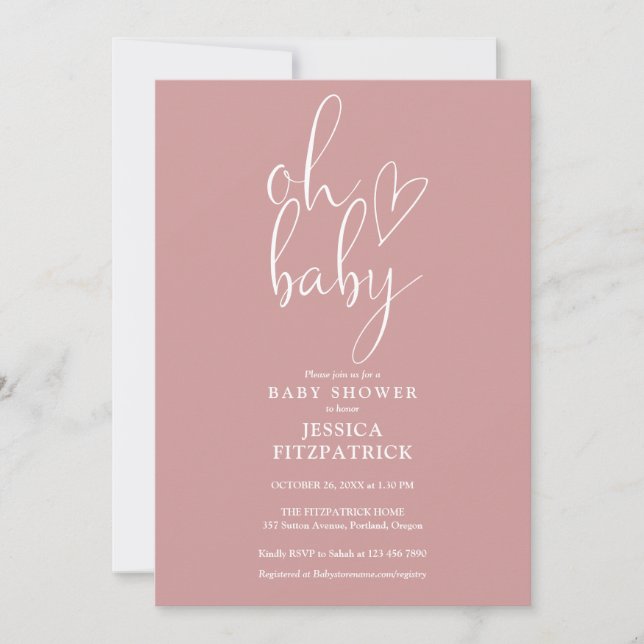Oh Baby Script Dusty Rose Pink Girl Baby Shower Invitation (Front)