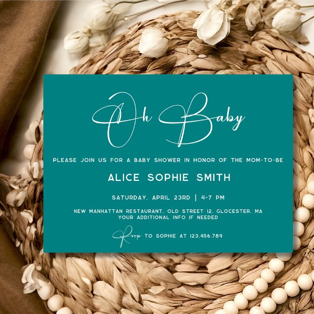 Oh baby script modern teal baby shower invitation (Creator Uploaded)