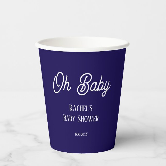 Oh Baby Script Navy Blue Boys Girls Baby Shower Paper Cups (Front)