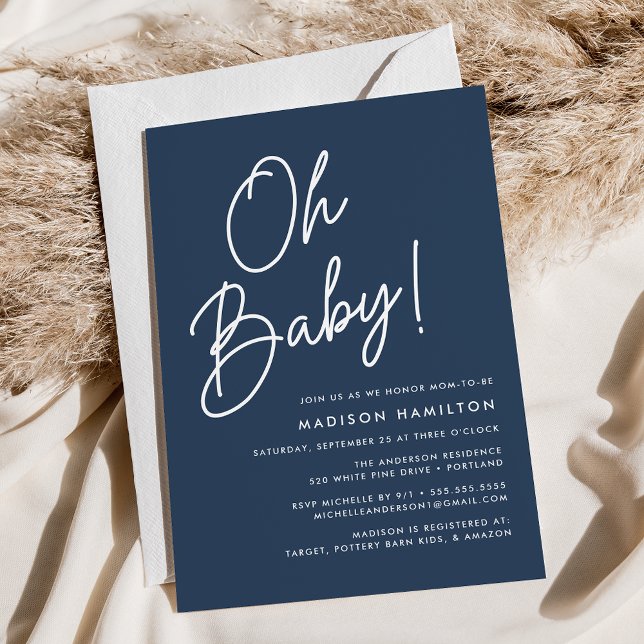 Oh Baby Script Navy Minimalist Baby Shower Invitation (Creator Uploaded)