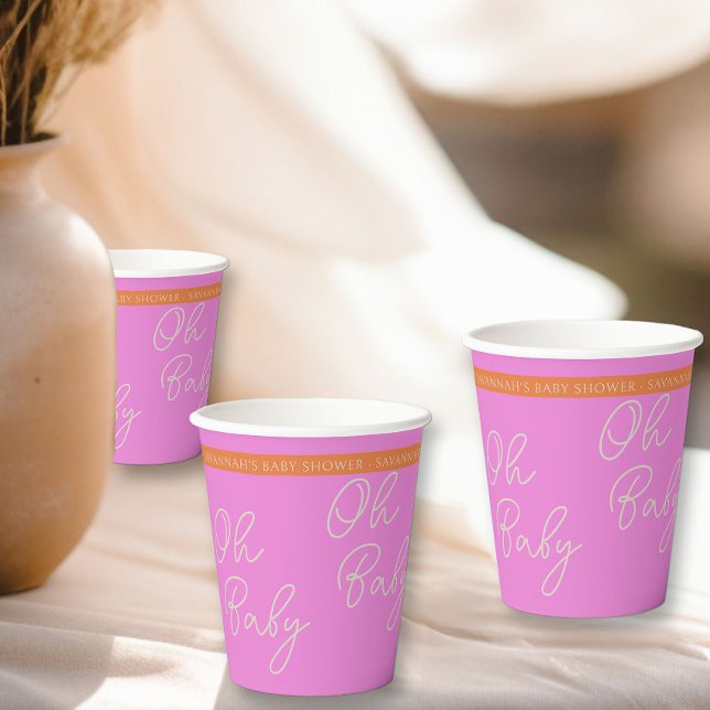 Oh Baby Script Pink and Orange Personalised Paper Cups (Oh Baby Baby Shower personalized paper cups from my Tricolor Baby Shower Collection)