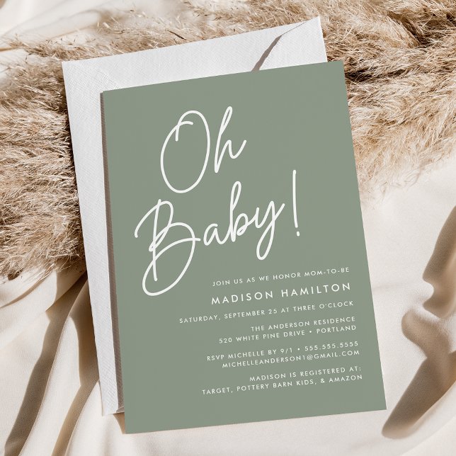 Oh Baby Script Sage Green Minimalist Baby Shower Invitation (Creator Uploaded)