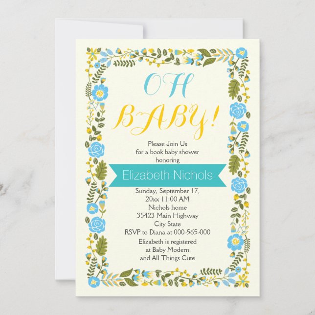 Oh Baby shower aqua and yellow floral border Invitation (Front)