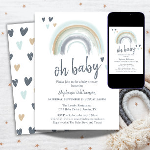Oh Baby Shower Blue Boho Rainbow Invitation