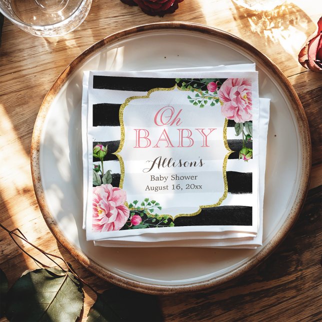 Oh Baby Shower Blush Pink Floral Gold Stripes Napkin (Creator Uploaded)