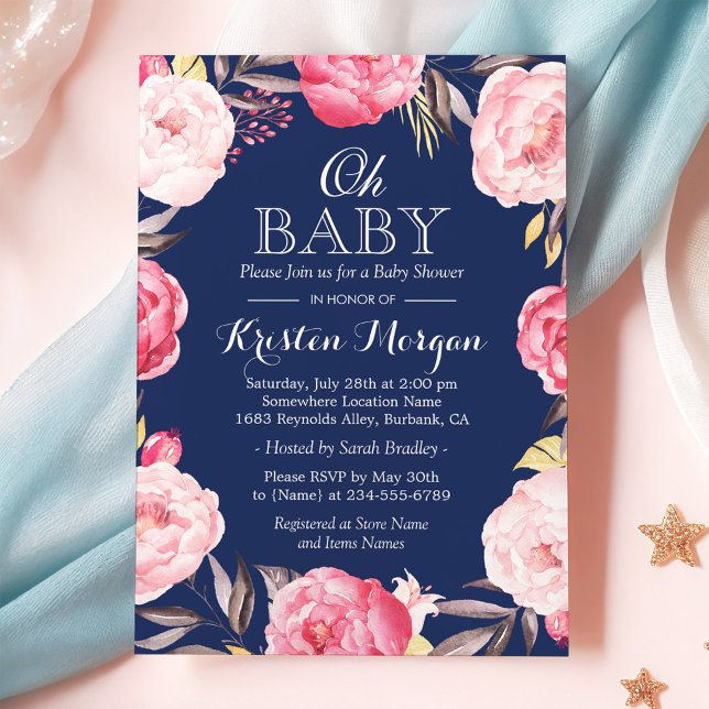 Oh Baby Shower Botanical Floral Wreath Navy Blue Invitation (Creator Uploaded)