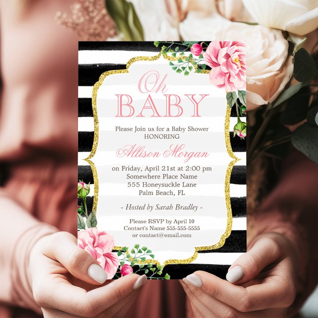 Oh Baby Shower Floral Gold Black White Stripes Invitation (Creator Uploaded)