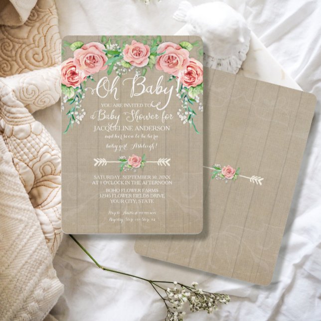 Oh Baby Shower Girl Flower Crown Barn Wood Boards Invitation (Creator Uploaded)