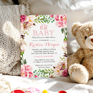 Oh Baby Shower Girly Elegant Chic Pink Flowers Invitation