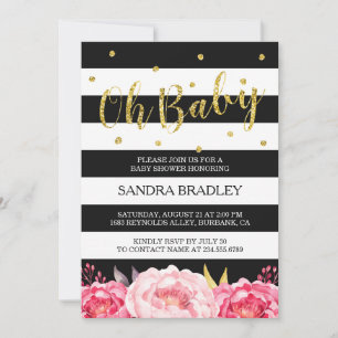 Oh Baby Shower Gold Glitter Dots Floral Stripes Invitation