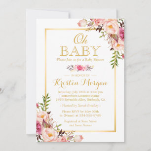 Oh Baby Shower Graceful Chic Floral Gold Frame Invitation