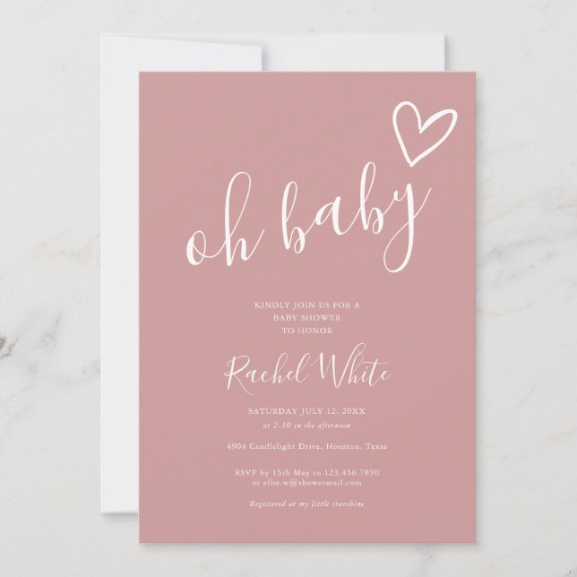 Oh Baby Shower Heart Dusty Rose Pink Minimalist Invitation (Front)