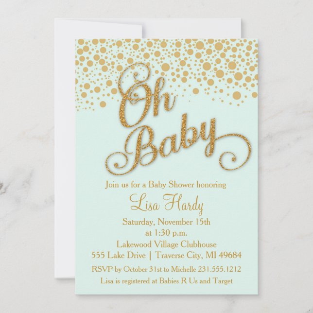 Oh Baby Shower Invitation | Mint and Gold Glitter (Front)