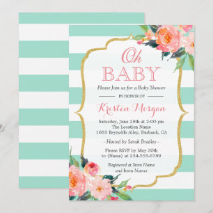 Oh Baby Shower Mint Green Stripes Pink Floral Invitation