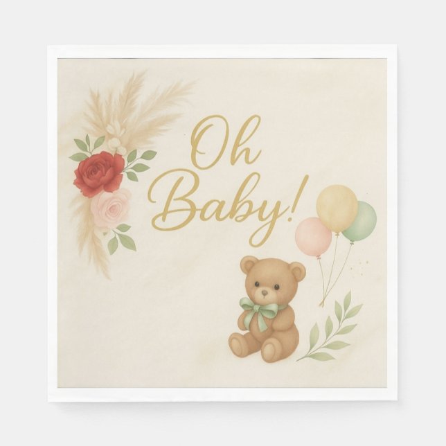 Oh Baby Shower Napkins with Teddy Bear & Pampas  (Front)