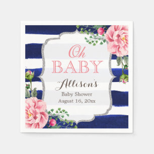 Oh Baby Shower Pink Floral Silver Navy Stripes Napkin
