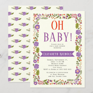 Oh Baby shower purple & orange floral border Invitation