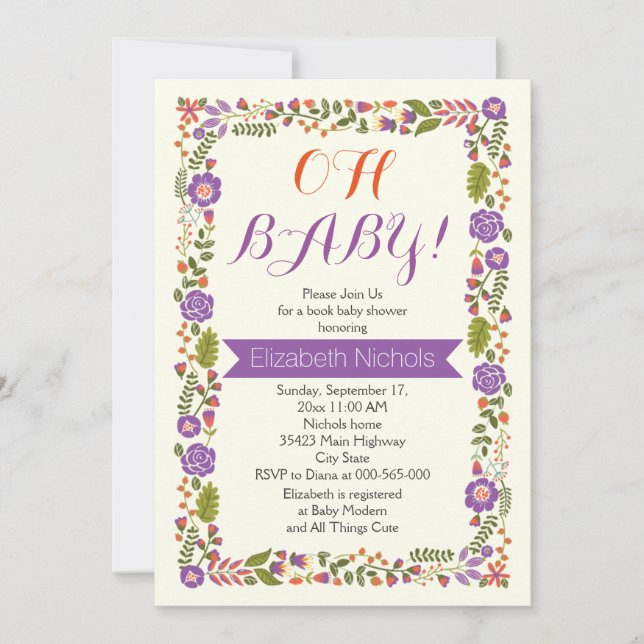 Oh Baby shower purple & orange floral border Invitation (Front)