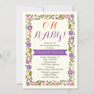 Oh Baby shower purple & orange floral border Invitation