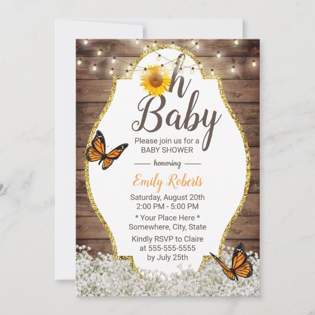 Oh Baby Shower Rustic Floral Sunflowers Butterfly Invitation (Front)