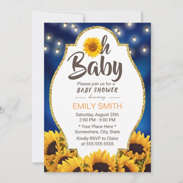 Oh Baby Shower Rustic Sunflowers Navy Blue Invitation (Front)