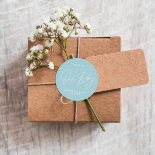 Oh Baby shower script modern pale blue elegant Classic Round Sticker