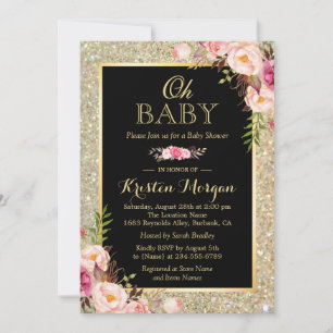 Oh Baby Shower Shiny Gold Glitter Sparkles Floral Invitation