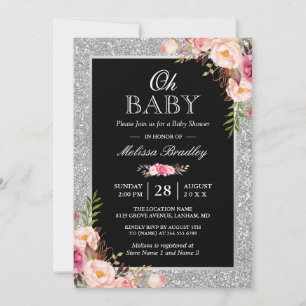 Oh Baby Shower Silver Glitter Sparkles Pink Floral Invitation