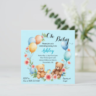 Oh Baby shower teddies & balloons invitation