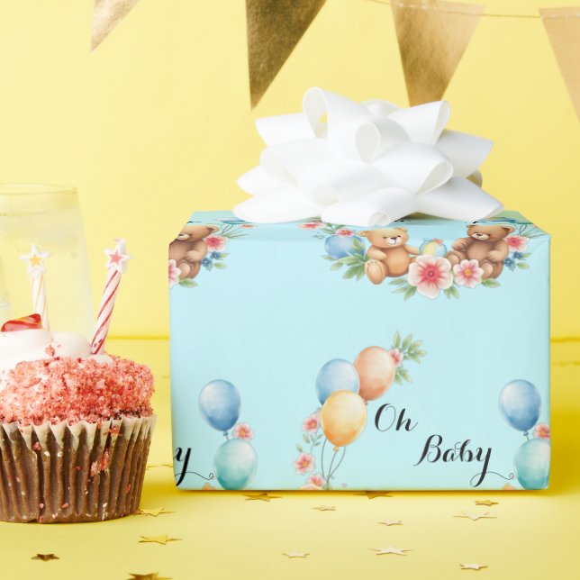 Oh Baby shower teddies & balloons Wrapping Paper (Birthday Party)