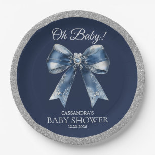 Oh Baby Silver Glitter Bow Christmas Baby Shower Paper Plate