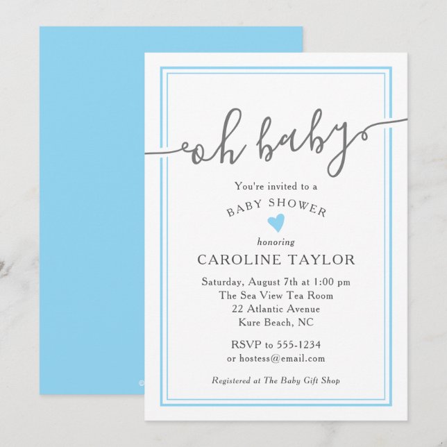 Oh Baby Simple Blue Heart Boy Baby Shower Invitation (Front/Back)