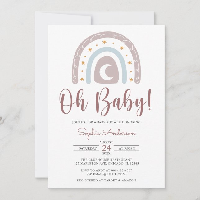 Oh baby Star and Moon Boho Rainbow Baby Shower Inv Invitation (Front)