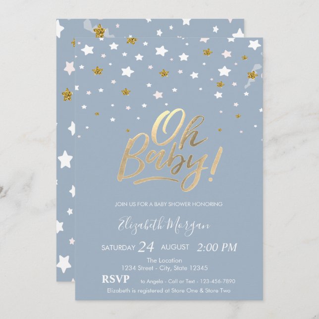 Oh Baby Stars Dusty Blue Baby Shower Invitation (Front/Back)