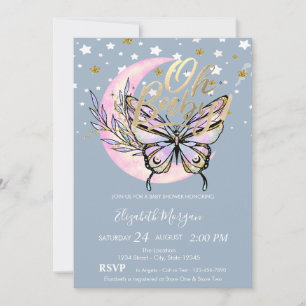 Oh Baby Stars Moon Butterfly Blue Baby Shower Invitation