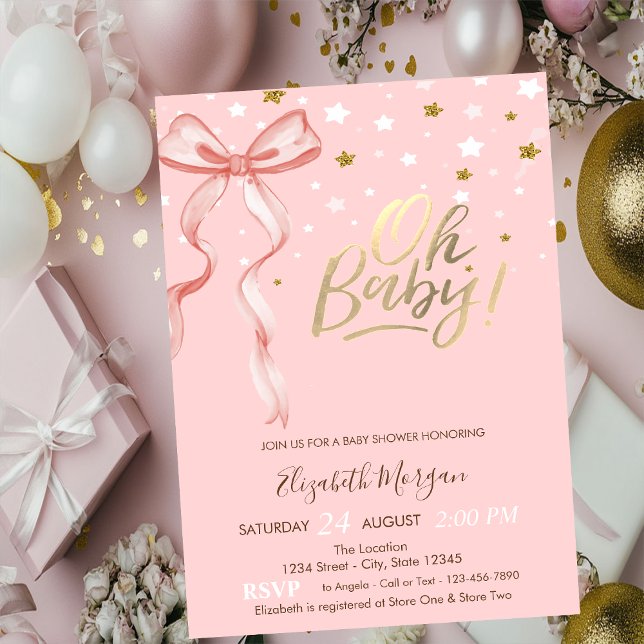 Oh Baby Stars Pink Bow Baby Shower Invitation (Creator Uploaded)