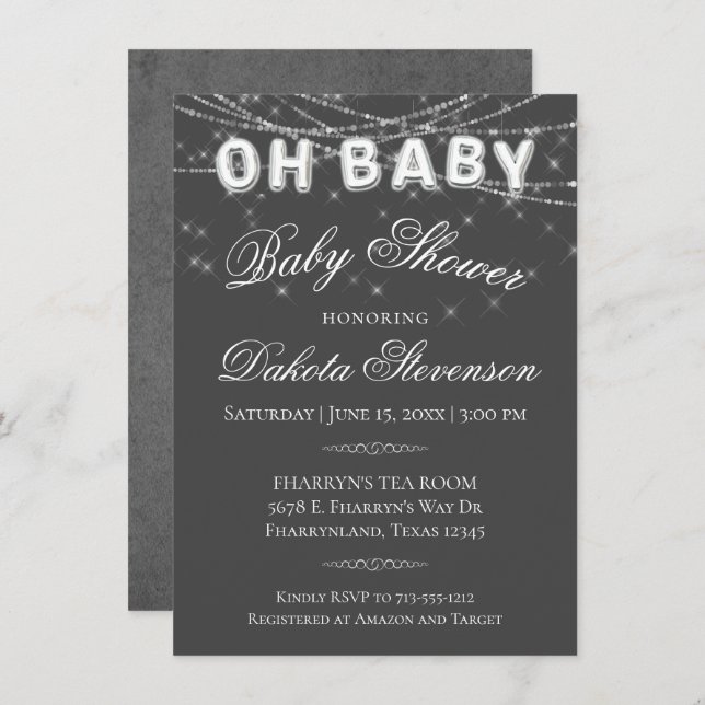 Oh Baby String Light | Dark Grey Balloon Shower Invitation (Front/Back)
