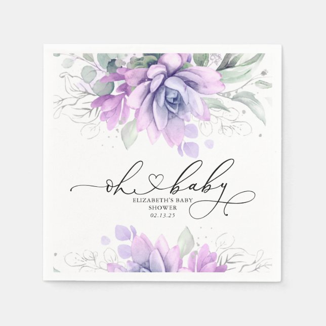 Oh Baby Succulents Silver Greenery Baby Shower Napkin (Front)