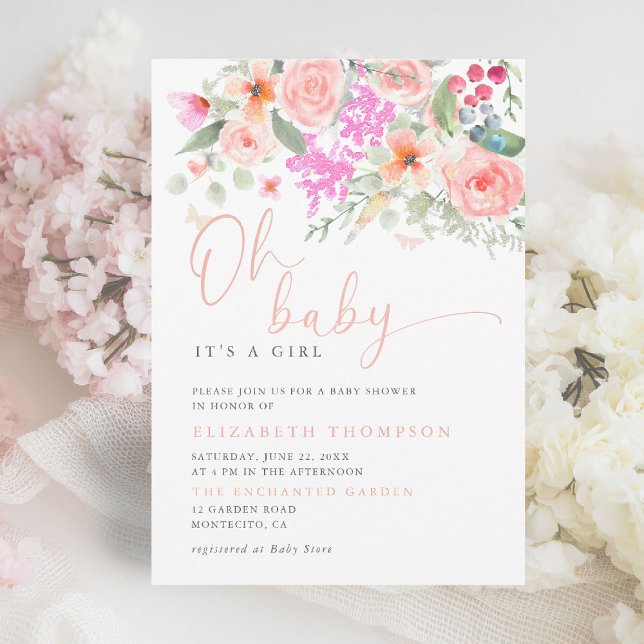 Oh Baby Sunny Garden Floral Girl Baby Shower Invitation (oh baby girl shower invitation colorful floral elegant modern calligraphy garden party backyard chic)