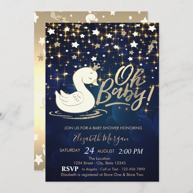 Oh Baby Swan Crown Gold Stars Baby Shower  Invitation (Front/Back)