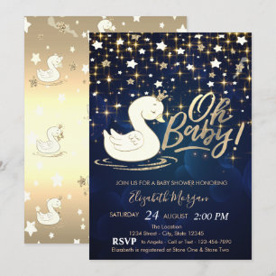 Oh Baby Swan Crown Gold Stars Baby Shower  Invitation