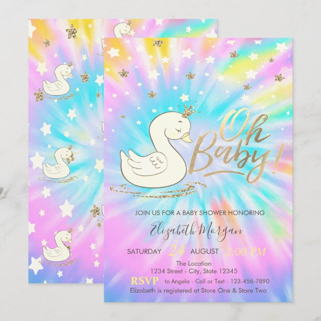 Oh Baby Swan Crown Stars Tie Dye Baby Shower  Invitation (Front/Back)