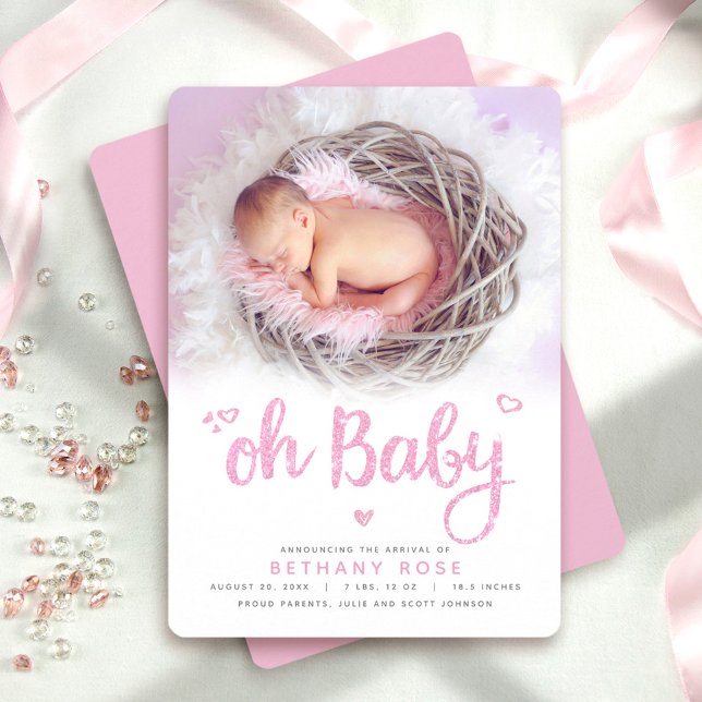 Oh Baby Sweet Modern Chic Pink Girl Birth Photo Announcement (Creator Uploaded)