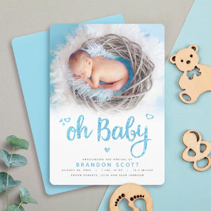 Oh Baby Sweet Modern Cute Blue Boy Birth Photo Announcement