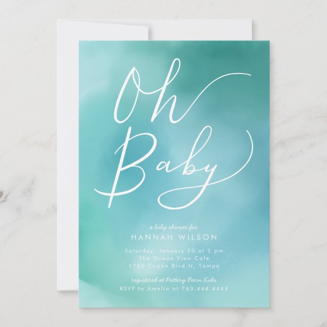 Oh Baby Teal Blue Ombre Watercolor Baby Shower Invitation (Front)