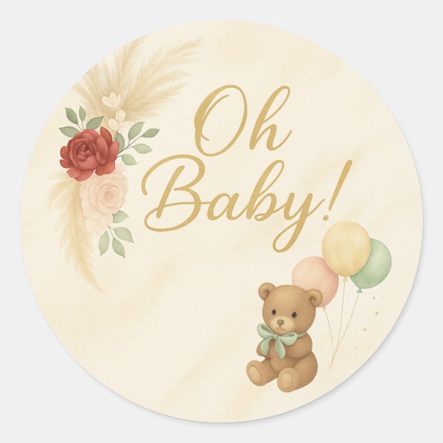 Oh Baby! Teddy Bear & Pampas Baby Shower Sticker (Front)