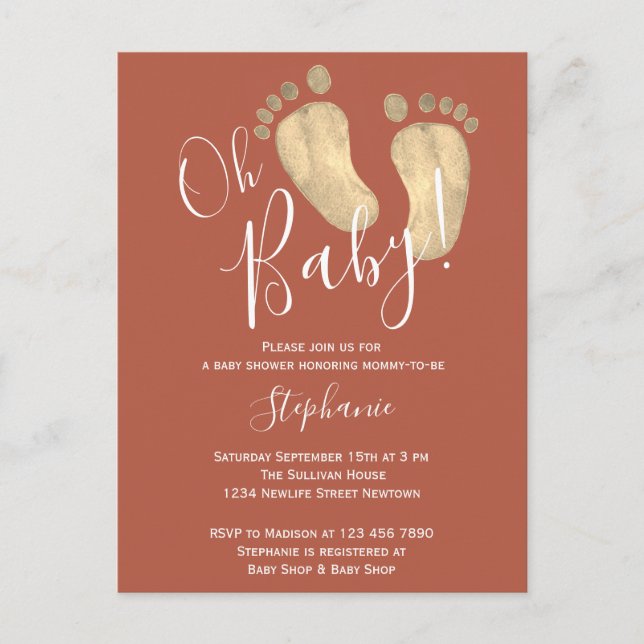 Oh Baby Terracotta Baby Shower Postcard Invitation (Front)