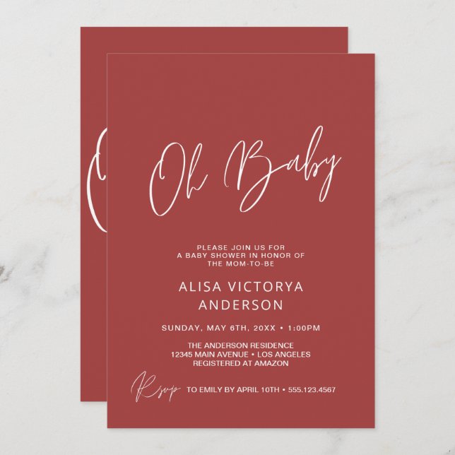 Oh Baby Terracotta Simple Shower Invitation (Front/Back)