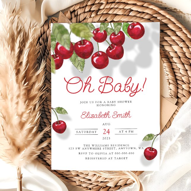 Oh Baby Watercolor Cherry Baby Shower Invitation (Creator Uploaded)