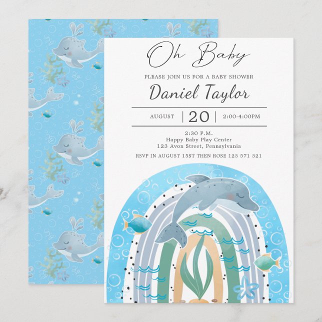 Oh baby Watercolor dolphin Baby Baby Shower Invitation (Front/Back)